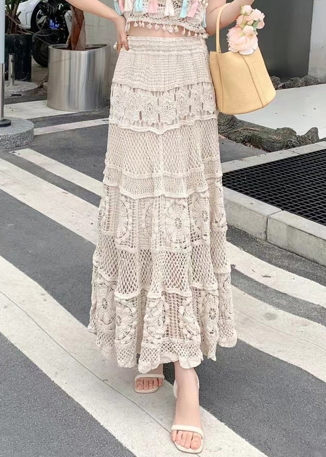 Hollow Loose Skirts Waist Out Apricot Summer Elastic