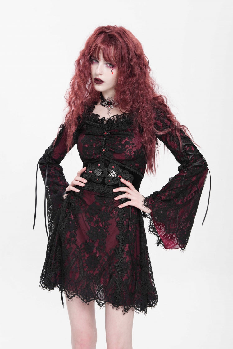 Crimson Square-Neck Gothic Dress with Floral Embroidery and Lace-Up