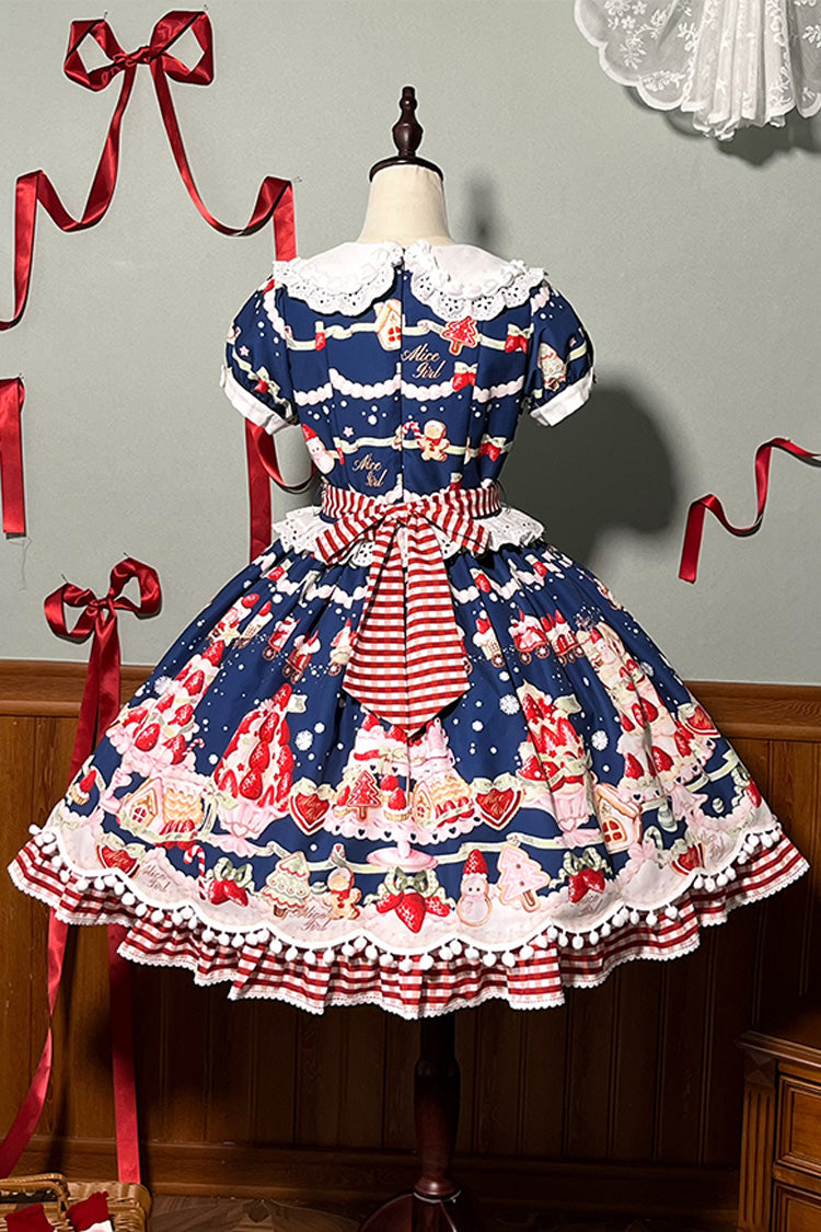 Doll Collar Short Sleeve Print Ruffle Bowknot Sweet Lolita Dress with Strawberry Dessert - 4 Colors