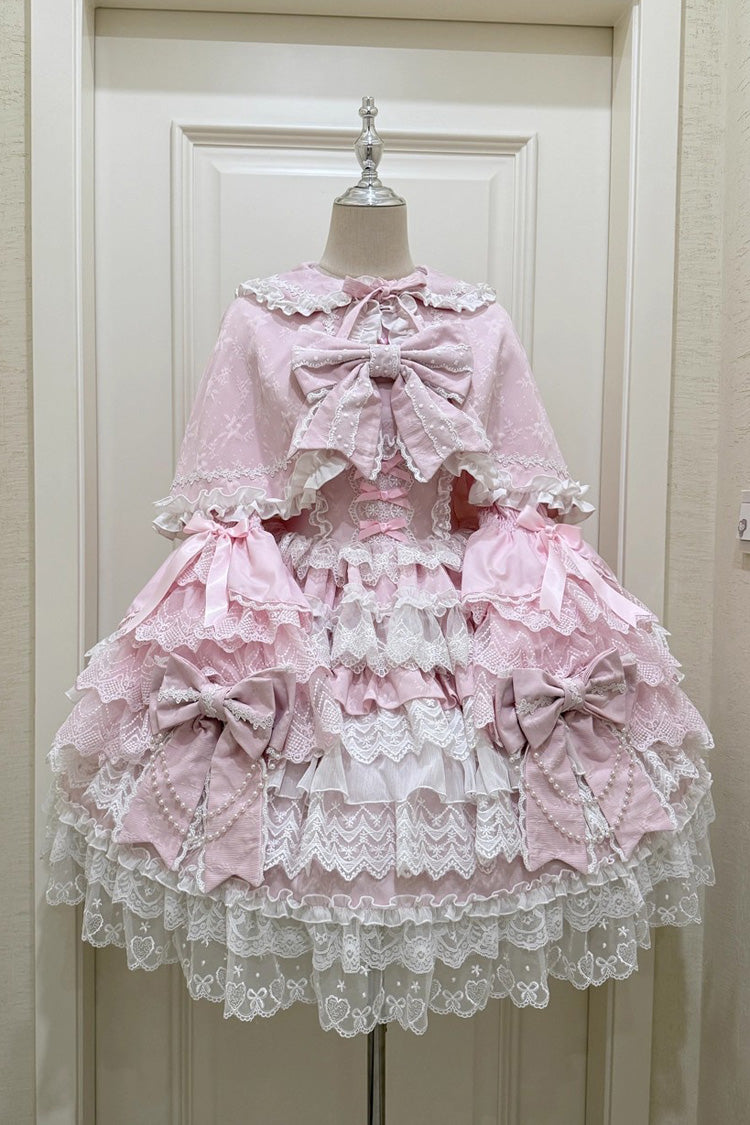Blush Sleeveless Multi-Tier Ruffle Hanayome Cardigan Bow Lace-Up JSK - Knot of the Crossed Heart
