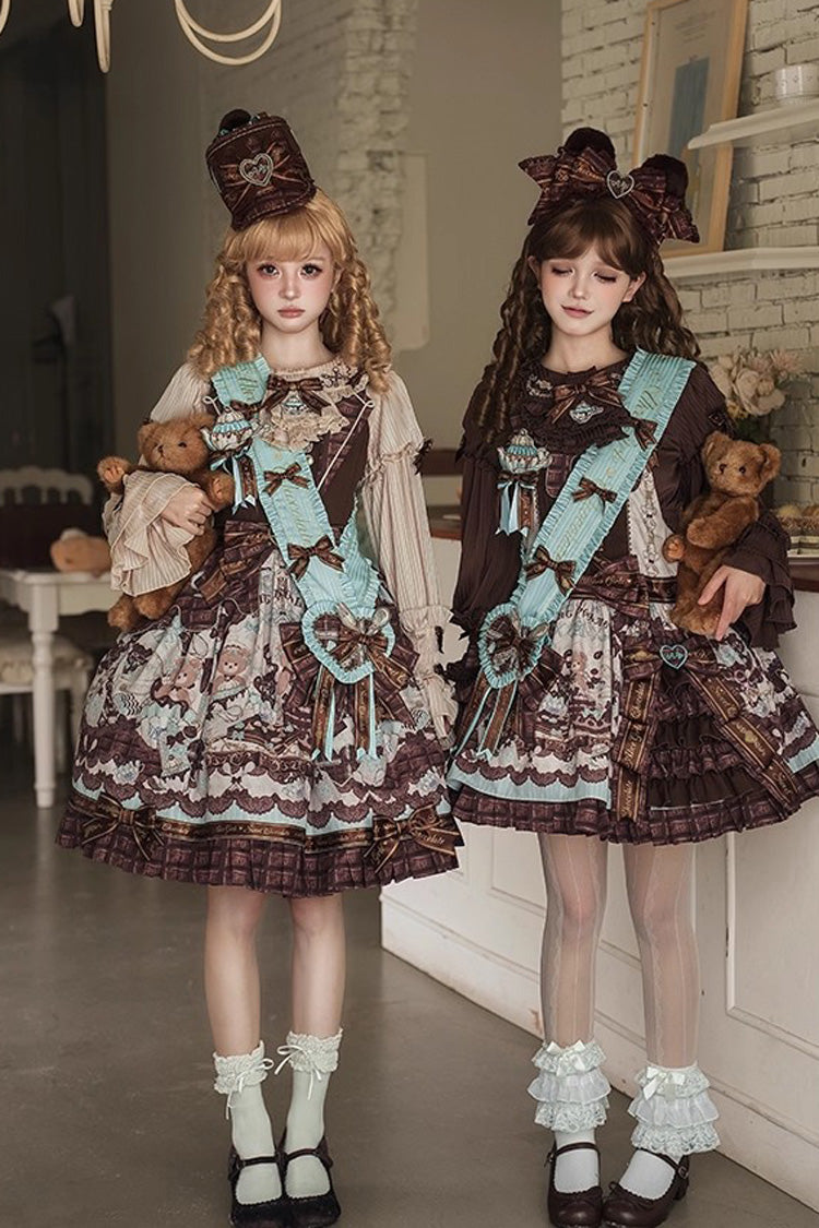Teddy Bear Chocolate Asymmetric Lolita Strap Dress with Bow - Sleeveless