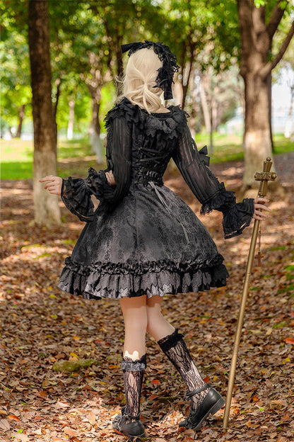 Gothic JSK Dress with Floral Print, Round Collar, and Ruffled Bow in Black
