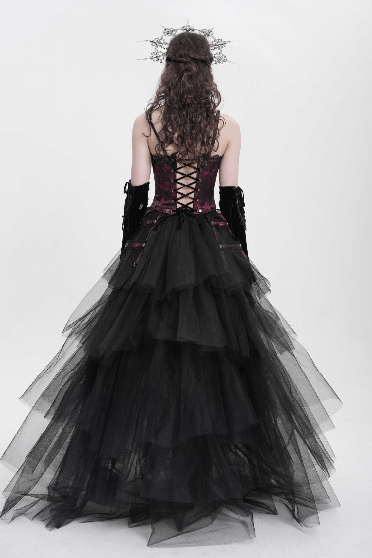 Crimson Gothic Vest with Embroidery Lace and Chain Details