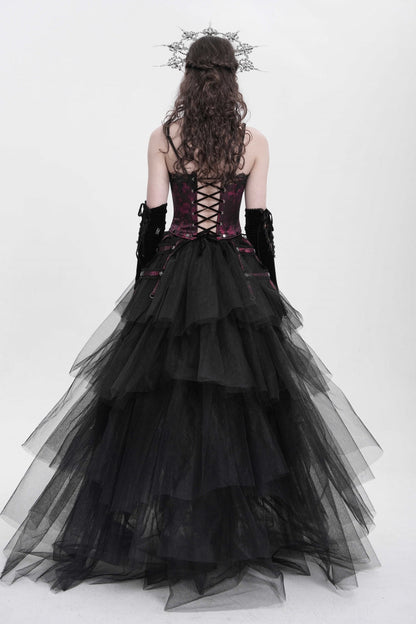 Crimson Gothic Vest with Embroidery Lace and Chain Details