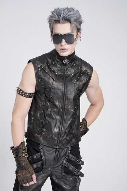 Black Gothic Vest for Men, Strappy with Stitching and Zip