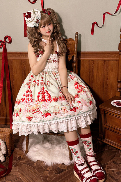 High Waisted Ruffle Bowknot Sweet Lolita JSK Dress with Strawberry Dessert Print - 4 Colors