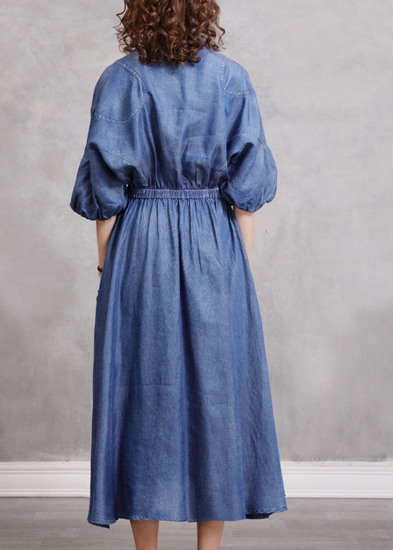 Vintage Blue Embroidered Elastic Waist Long Denim Dress Lantern Sleeve NN024