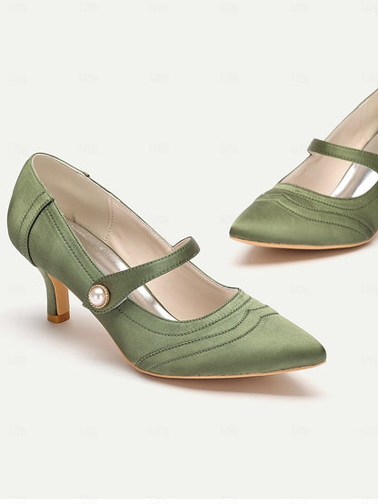 Pearl Button Mary Heels Green - Jane Elegant with Satin