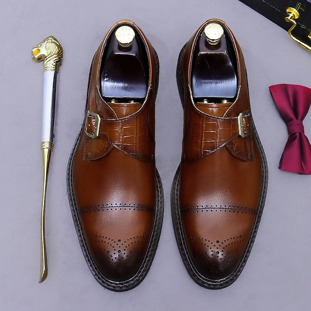 First Men's Genuine Strap Monk Black Leather Shoes-