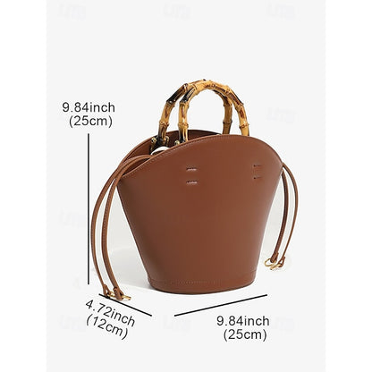Bucket Bag Bamboo Handle Leather Brown Women's with