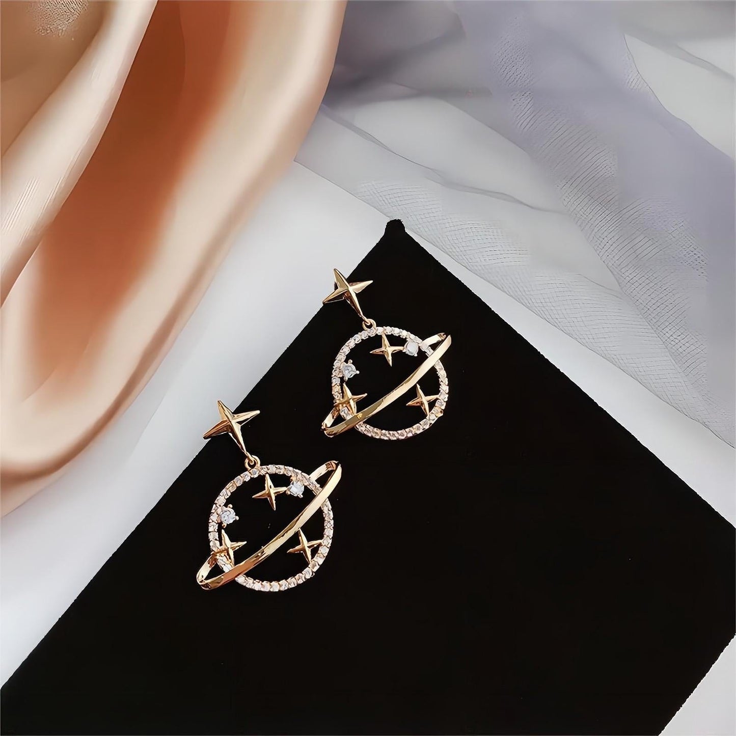 Saturn Gold Celestial Crystal Earrings