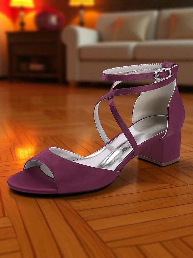 Sandals with Heel Women's Satin Strap Ankle - Elegant Block