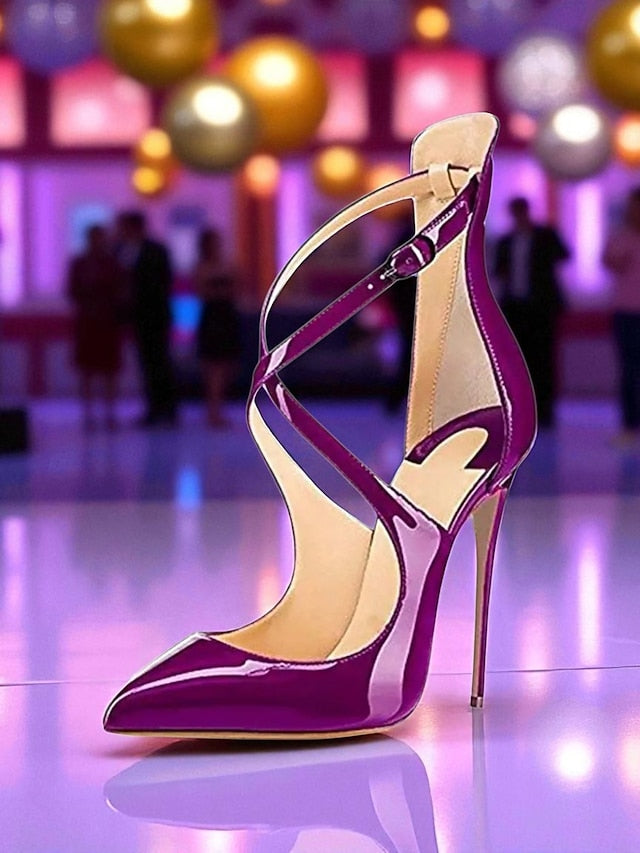 Purple Women's - Leather Strappy Heels Patent Stiletto