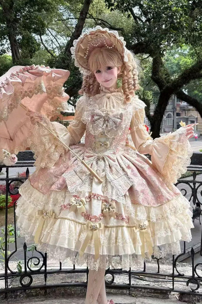 Blush Square Neck Sleeveless Printed Embroidered Ruffle Bow Gorgeous JSK - Gilded Waltz