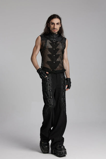Men's Black Punk Vest, Mesh with Triangle Eyelets and High Collar