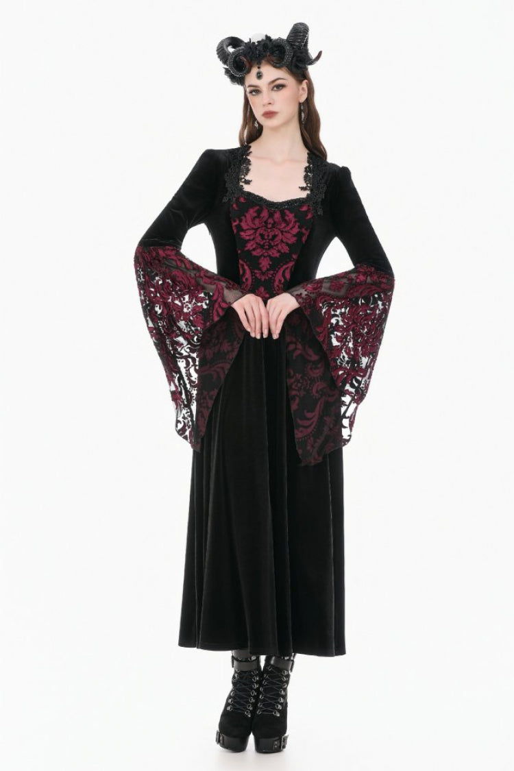 Crimson & Obsidian Square Collar Long Flare Puff Sleeves Lace Victorian Velvet Long Dress