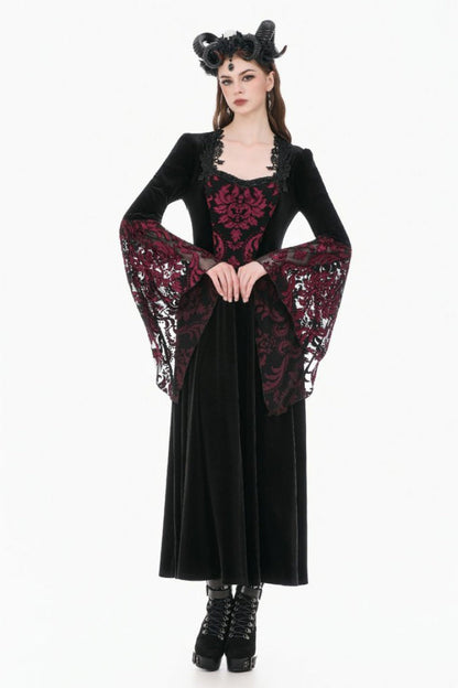 Crimson & Obsidian Square Collar Long Flare Puff Sleeves Lace Victorian Velvet Long Dress