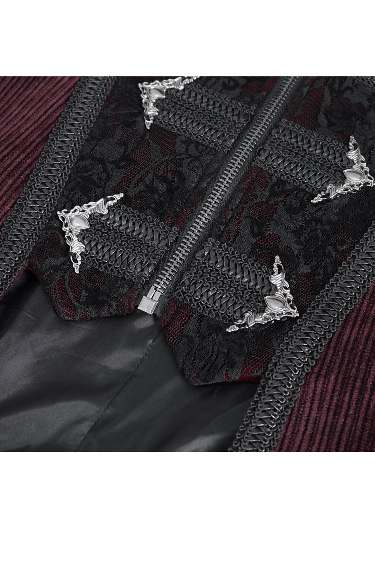 Crimson High-Neck Slim-Fit Gothic Coat with Embroidered Long Sleeves