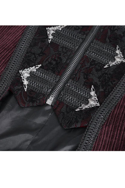 Crimson High-Neck Slim-Fit Gothic Coat with Embroidered Long Sleeves