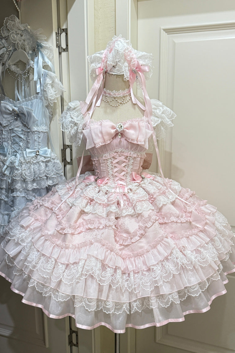 Blush Sleeveless Ruffled Lace-Up JSK with Bow