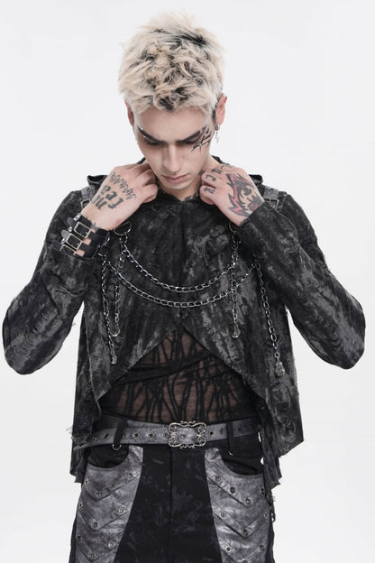 Ebony Long-Sleeve Hooded Sheer Ripped Faux Two-Piece Zip Eyelet Punk Tee