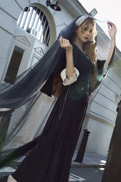 Ebony Short-Sleeve Printed Ruffle Gothic Gown - Halloween Night Temple Nun