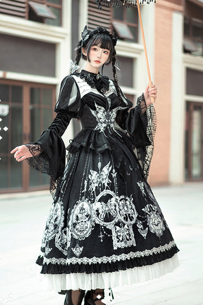 Gothic Lolita Long Dress with Print, Ruffle, and Bowknot Lace in Black