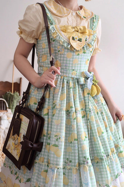 Emerald Lemon Chicken Printed Ruffle Bow Lace Long JSK Dress