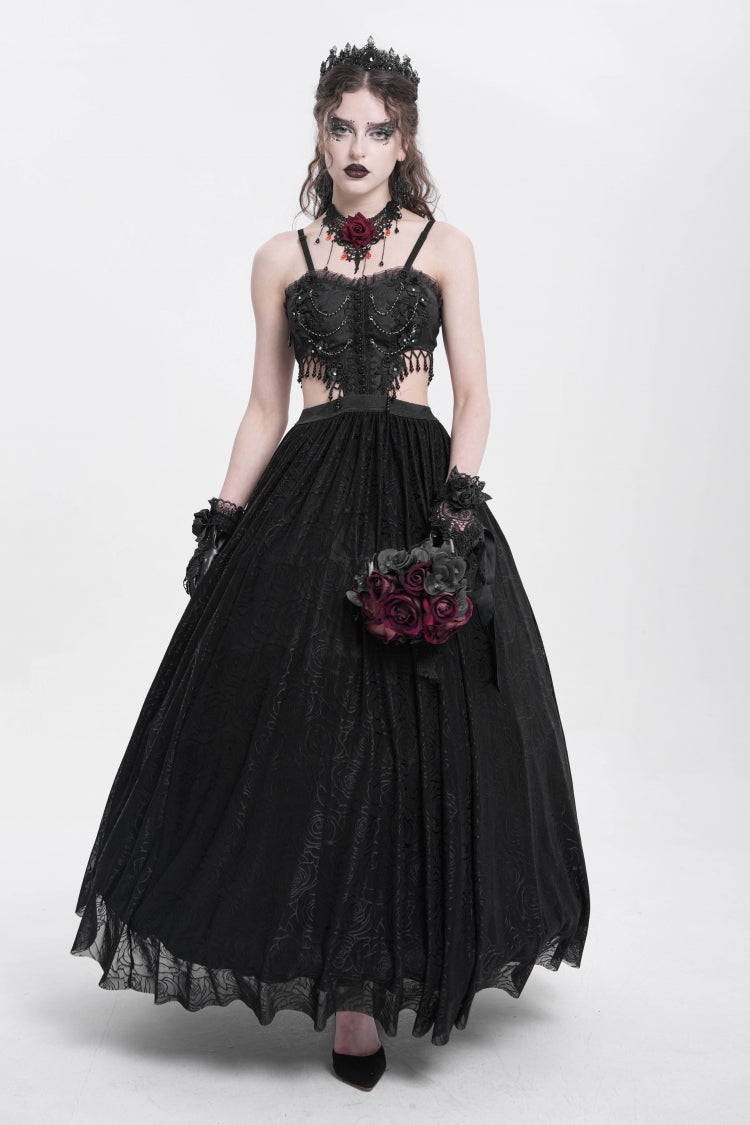 Women's Gothic Party Slip Dress with Floral Embroidery and Lace Ripped in Black Jacquard