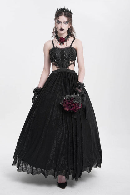 Women's Gothic Party Slip Dress with Floral Embroidery and Lace Ripped in Black Jacquard
