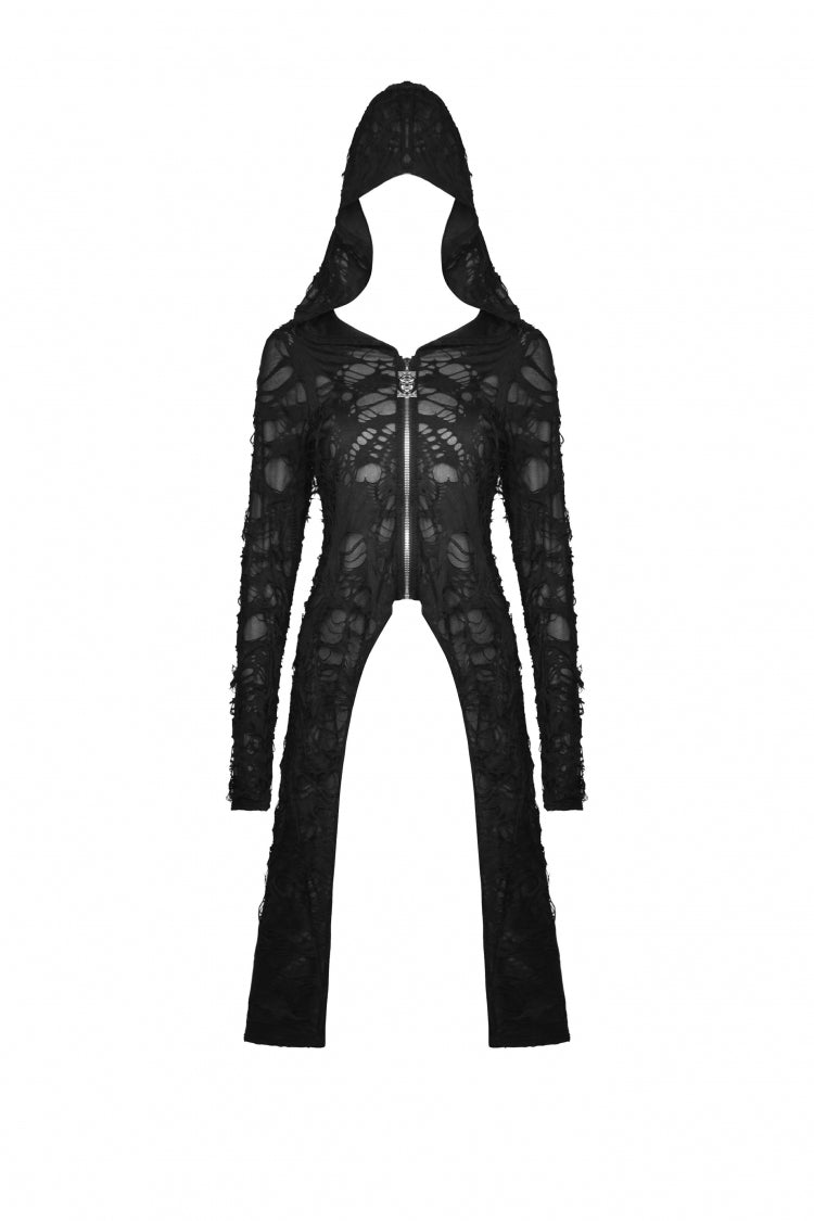 Ebony Long-Sleeve Ripped Zip Punk Long Hooded Coat