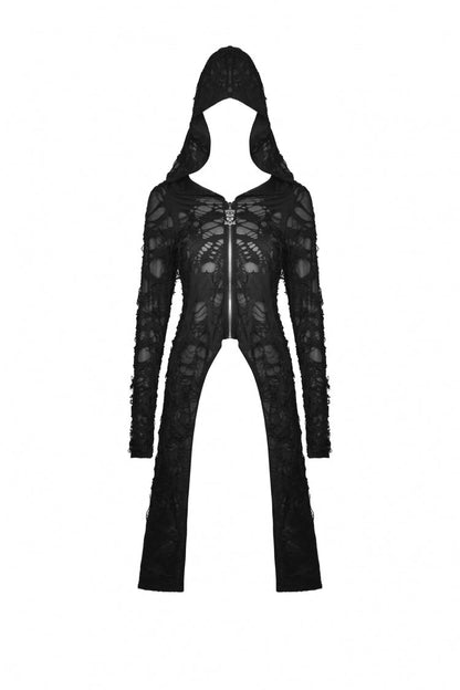 Ebony Long-Sleeve Ripped Zip Punk Long Hooded Coat
