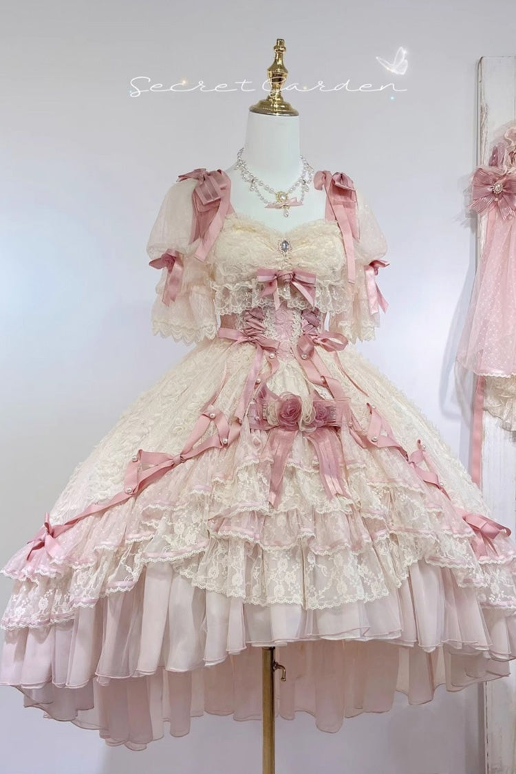 Blush Short Sleeves Jacquard Ruffled Cardigan Lace Dress