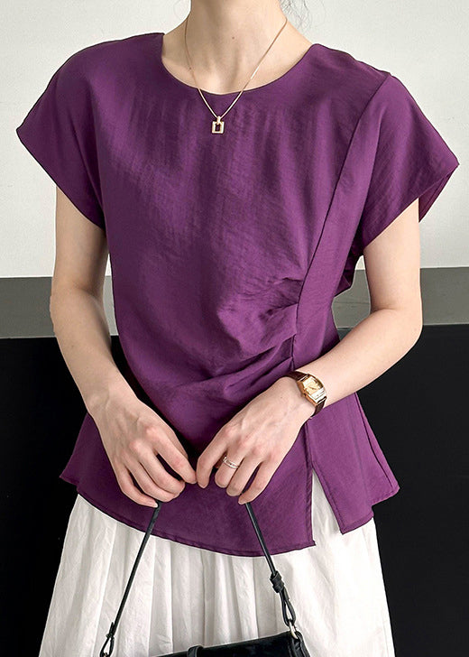 Simple Purple O Neck Front Open CottonTops Short Sleeve AF1086