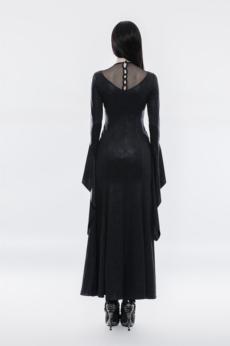 Ebony Flared-Sleeve Embroidered Elegant Cross Gothic Dress