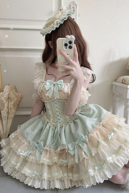 Emerald Double-Layer Ruffle Bow Lace Lace-Up Sweet Ballet Lolita Jumper Dress