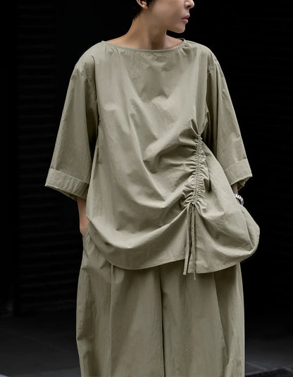 Casual Cotton Top Drawstring Sleeve Khaki Half Asymmetrical