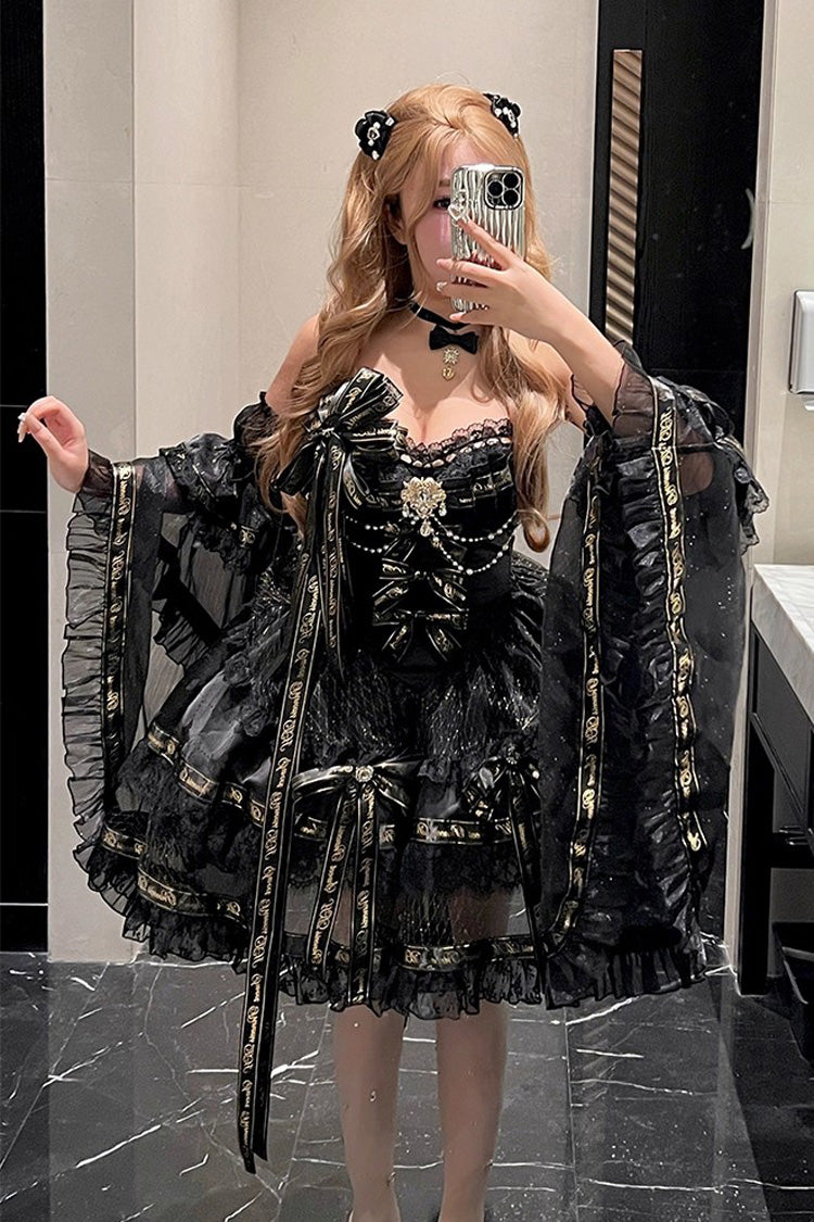 Ebony Sleeveless Tiered Bow Pearl Princess Gown - Golden Obsidian Night