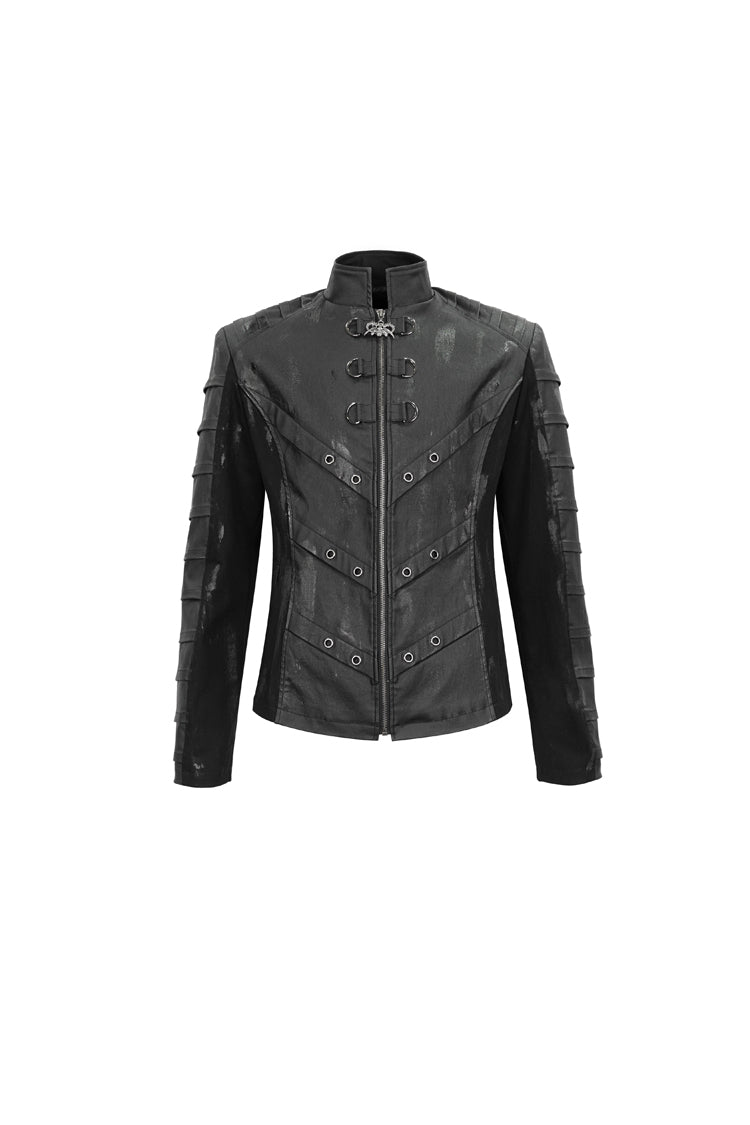 Jet-Black Punk Jacket with Mandarin Collar, Faux Leather Twill for Men