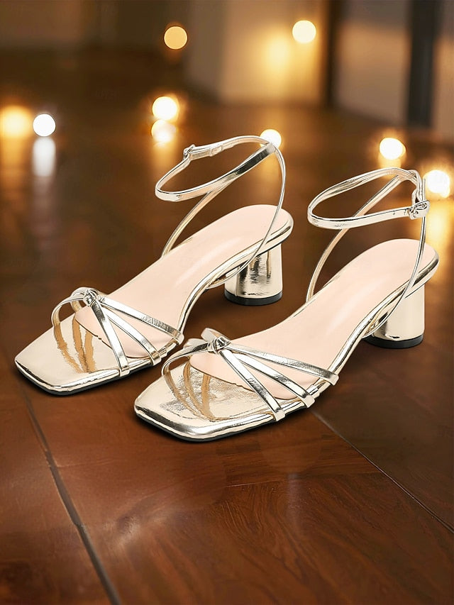 Block Metallic – Women's Ankle Shiny Strap Heels Gold