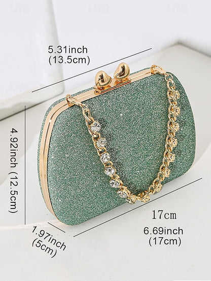 Glitter Evening Green Clutch Rhinestone with Sage Women's