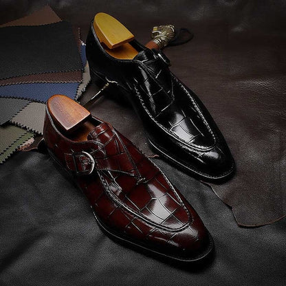 Crocodile Leather Burgundy Men's Strap Monk Faux Pattern