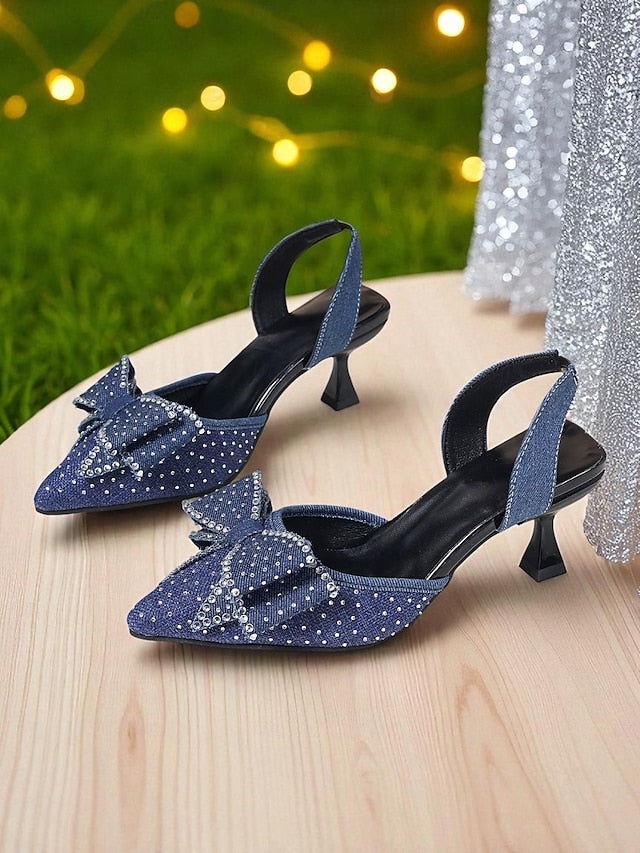 Rhinestone Heels Pointed Sparkly Women's Bow - Slingback