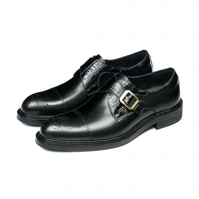 First Men's Genuine Strap Monk Black Leather Shoes-