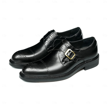 First Men's Genuine Strap Monk Black Leather Shoes-