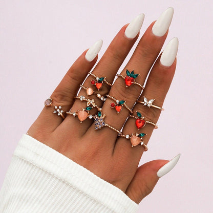 Colorful Crystal Fruits Chic 10 Pieces Rings Set