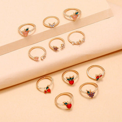 Colorful Crystal Fruits Chic 10 Pieces Rings Set