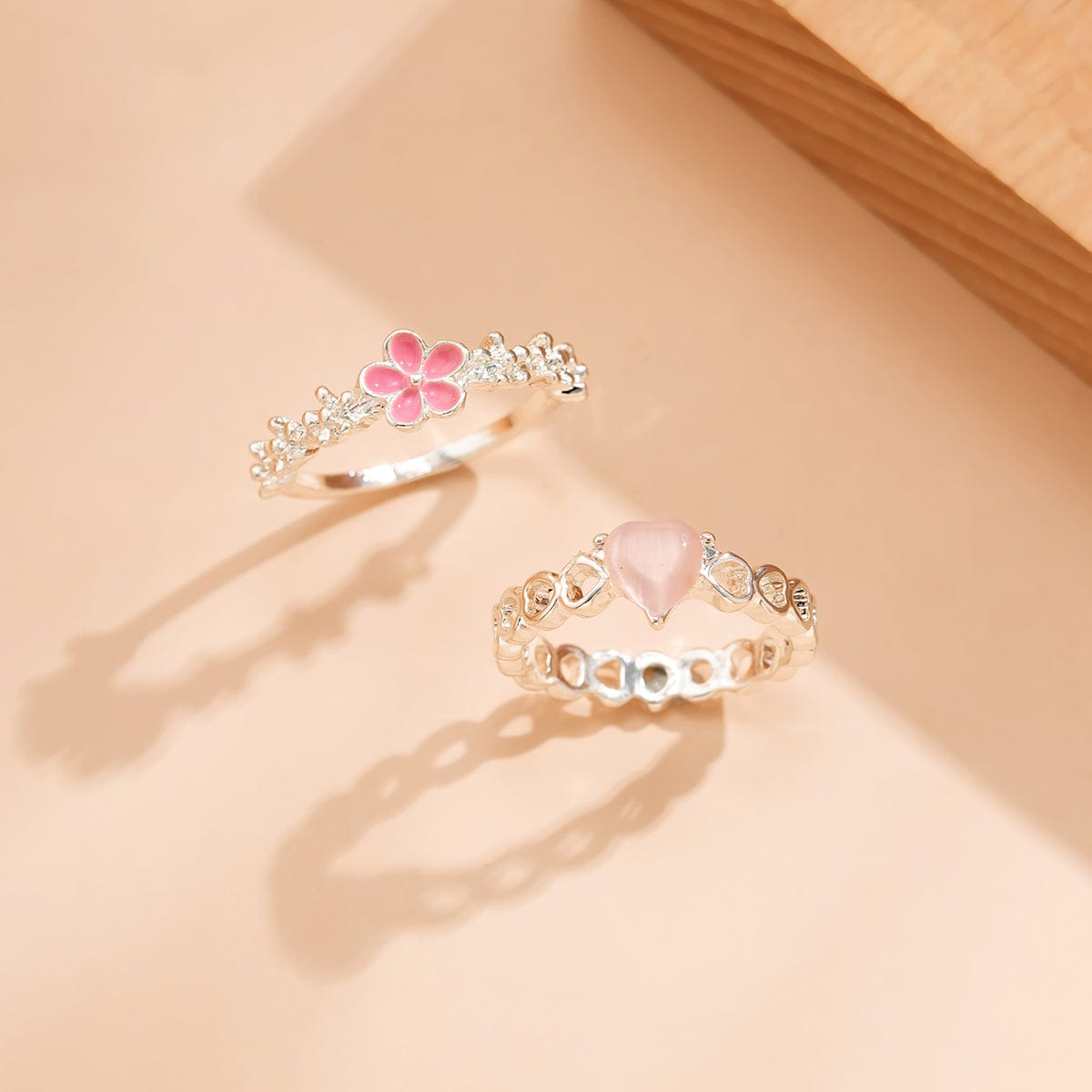 Enamel Flower Opal Heart Chic 2 Pieces Ring Set