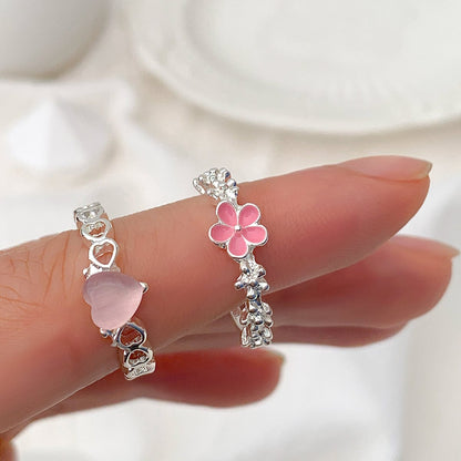 Enamel Flower Opal Heart Chic 2 Pieces Ring Set