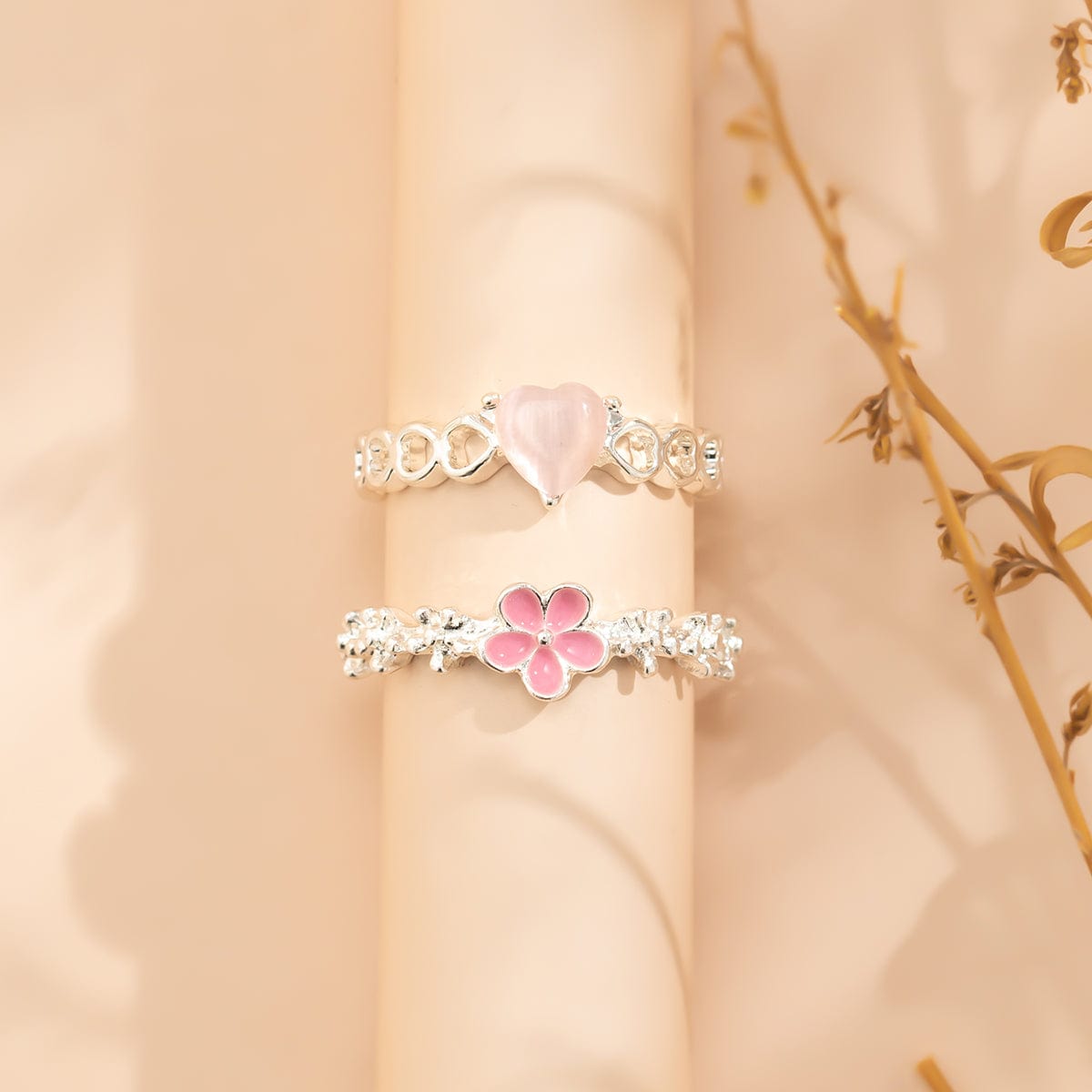 Enamel Flower Opal Heart Chic 2 Pieces Ring Set